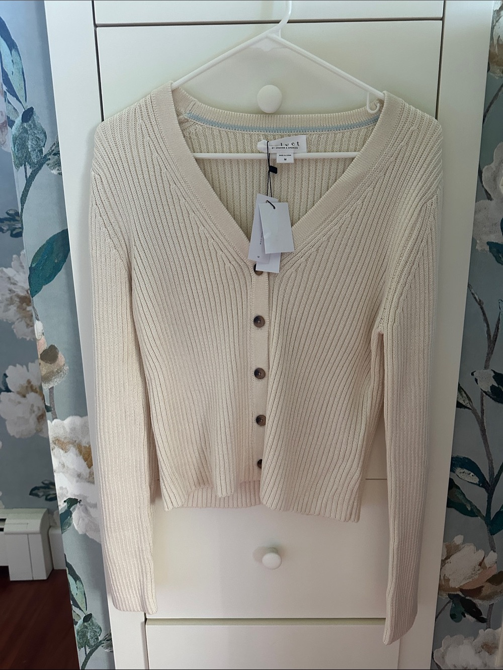 Velvet by Graham & Spencer Ivory Ribbed V‑Neck Button Cardigan